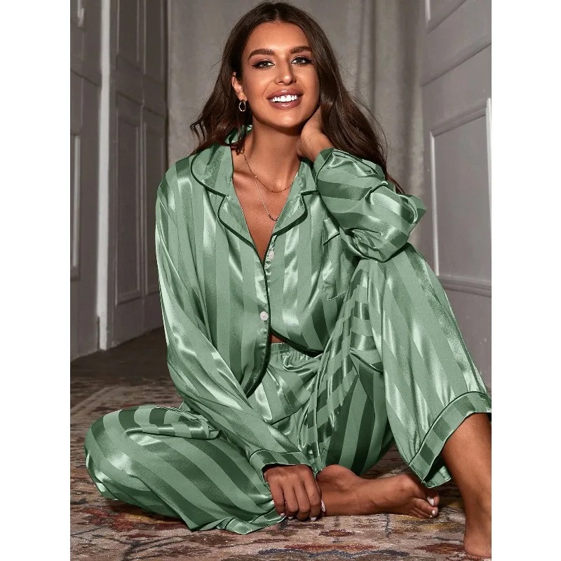 Ladies' spring and autumn pajama set, with a lapel jacquard wide stripe cardigan and long pants, a loose and casual two-piece