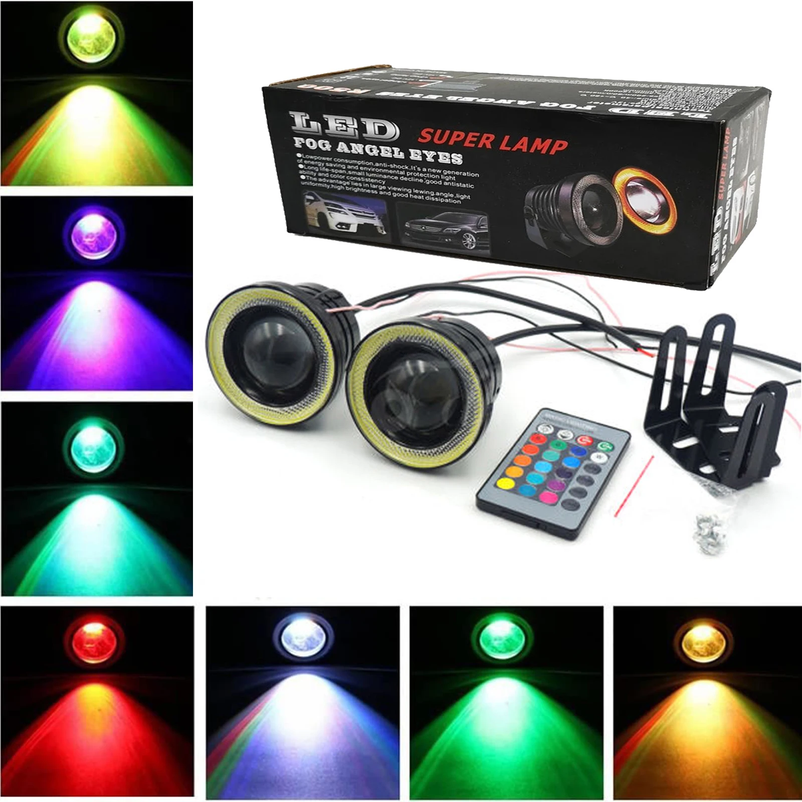 

2 шт. 3-дюймовый 3,5-дюймовый RGB светодиодный противотуманный фонарь Проектор высокой мощности Универсальный противотуманный фонарь COB Halo Angel Eye Rings DRL Лампы дальнего света