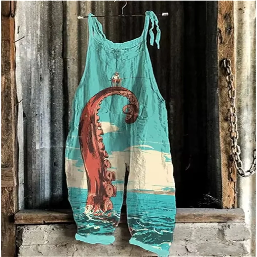 Summer casual fashion breathable one-piece pants, with 3D stripes and fish prints, trendy and cute everyday one-piece pants