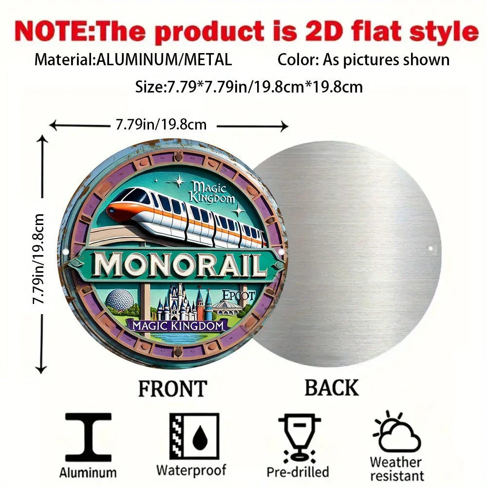 2D Flat Vintage Aluminum Sign Magical Kingdom Monorail Round Wall Decor Windproof Rainproof for Home Office Cafe Bar Garage Gift