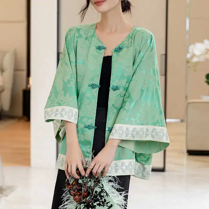 Green New Chinese Style O-Neck Jacquard Casual Loose Bat Sleeve Shirt for Women 2024 Contrast Color Spliced Cuffs Jacket S-XXL