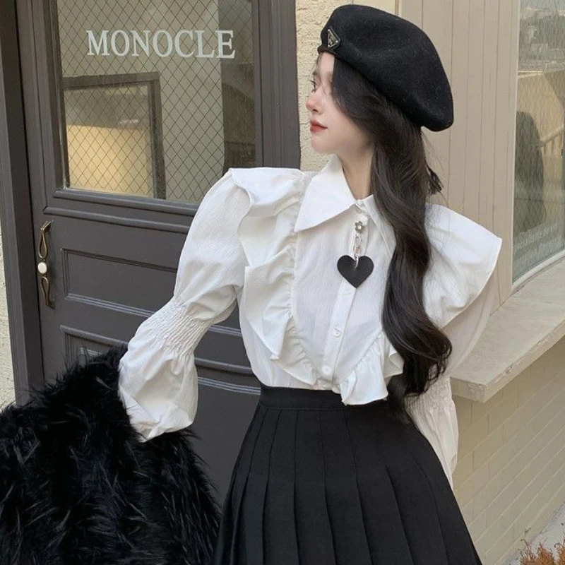 Lantern Long Sleeve Shirts Women Ruffles Design Lovely French Style Girlish Retro Spring Autumn Temperament Aesthetic Tops New