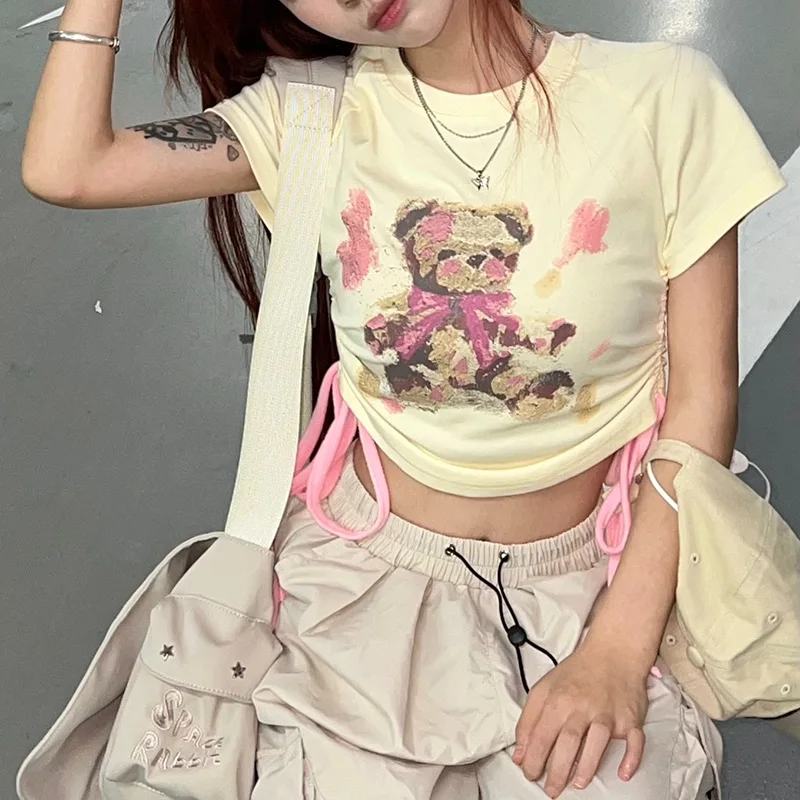 Women Sweet Drawstring Tie Up Clothes Lady Kawaii Apricot Coffee Ruched Tops Female Round Neck Graphic Short Sleeved T-shirts