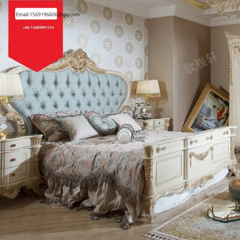 

Custom-made Italian European luxury solid wood French carved princess bed villa gold bed furniture