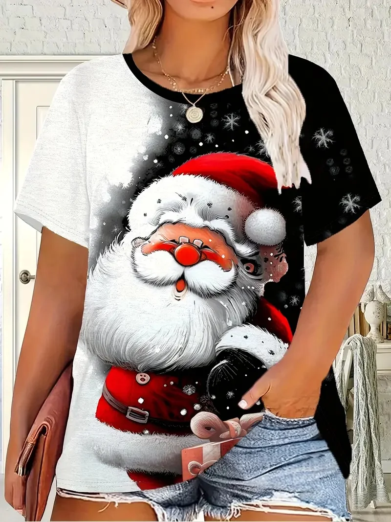 

Fashion Christmas Short Sleeve T-Shirt For Women 3D Print Santa Clause Graphic Casual Comfortable Tees Loose Festival Party Tops