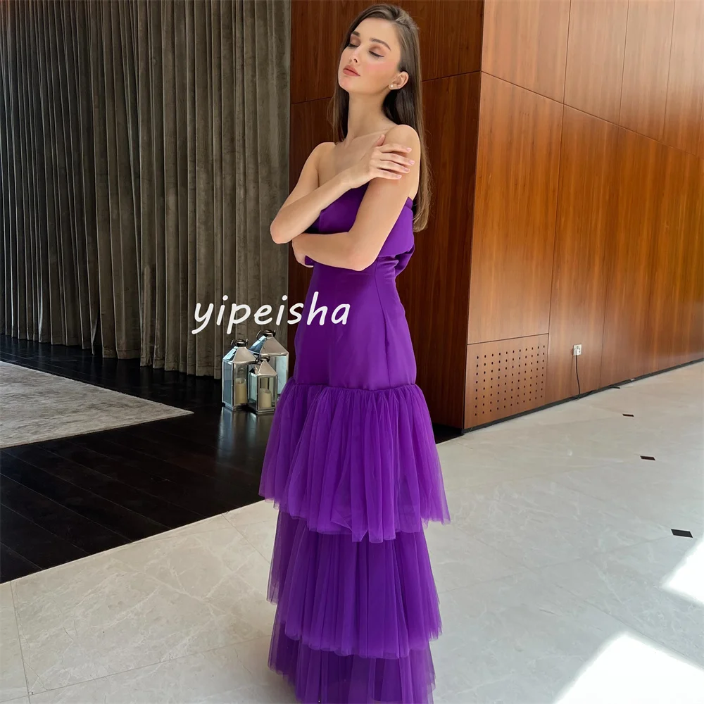 Customized Intricate Tulle Tiered A-line Strapless Midi Dresses Prom Dresses Classic Exquisite Modern Style Pastrol Unisex Chine