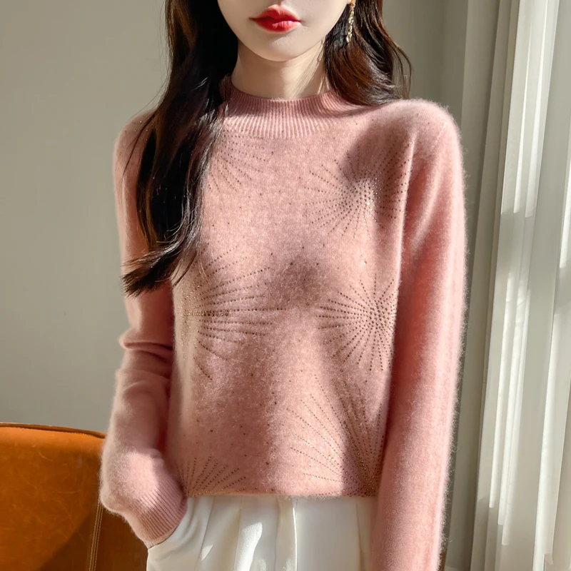 Pull en laine pour femme, col mi-haut, manches longues, 100% Pure laine, coupe ample, incrusté de diamants, haut de tempérament, nouvelle collection automne hiver