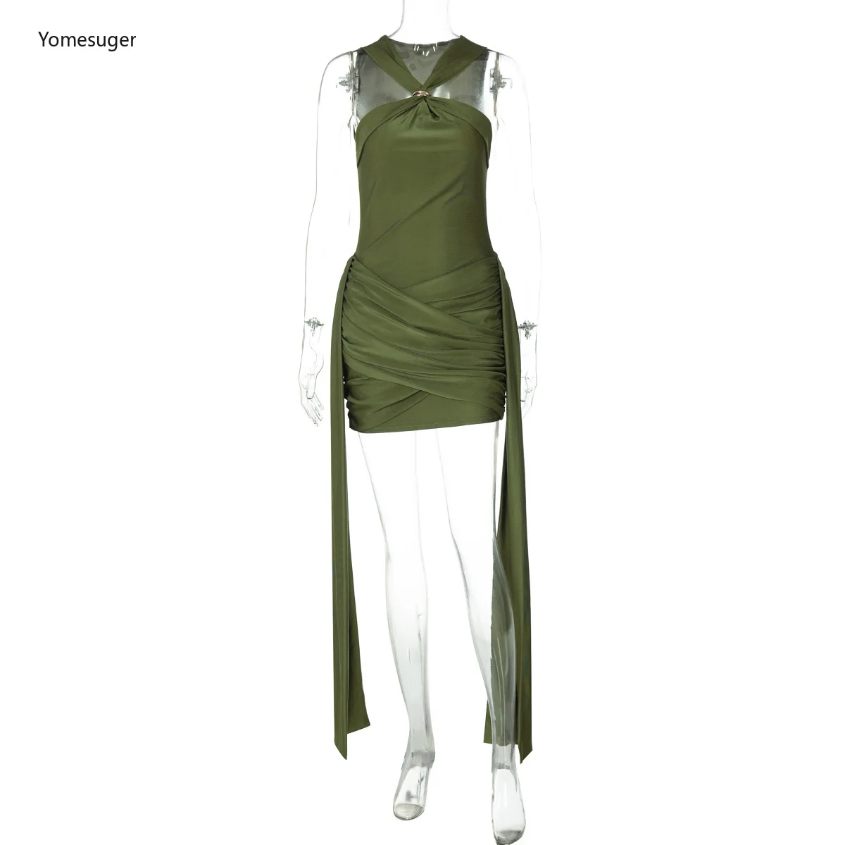 Yomesugar 우아한 러치드 바디콘 드레스 여성 힙스터 섹시한 로우컷 민소매 사이드 리본 스키니 베스티도스 생일 파티 클럽웨어