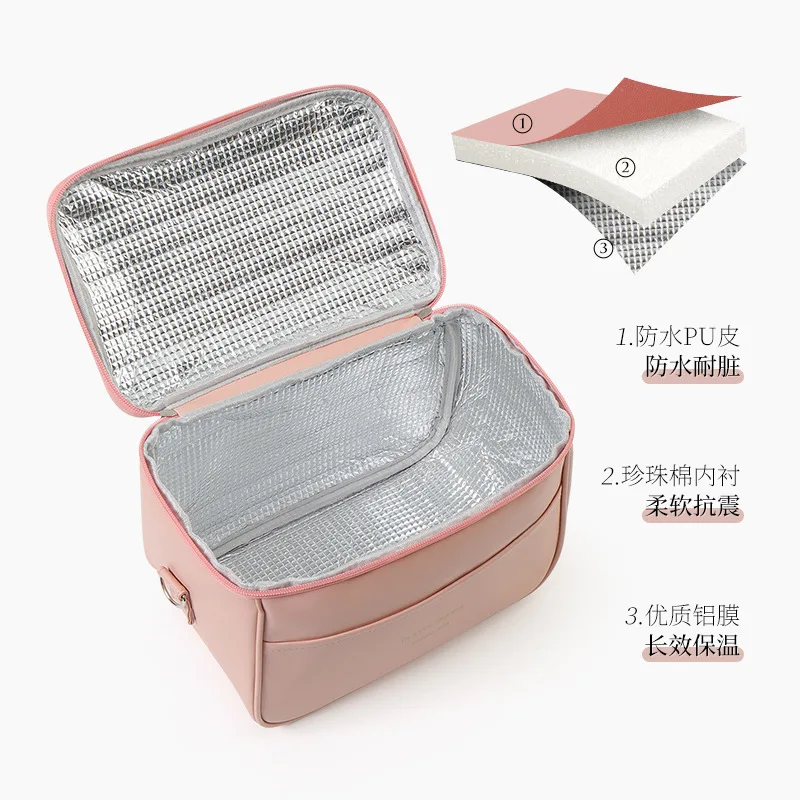 Lunch Box Handbag Square Lunch Box Bag Office Worker Student Bento Bag PU Leather Thermal Insulation Large Capacity Picnic Bag