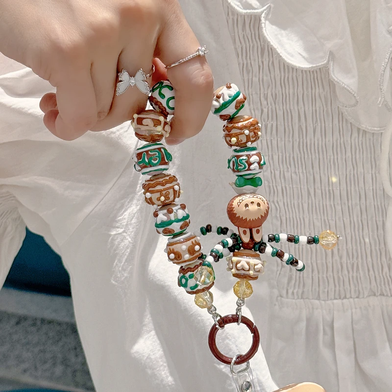 POP BEAN Diy Sitting Labubu Mobile Phone Case Chain Lanyard Handmade Painted Beads Cute Ethnic Style Key Pendant for Girl Gift