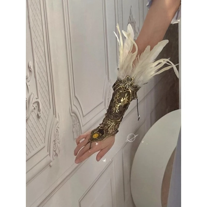Retro Black and White Feather Lace Handguard Exotic Style Lolita Hanfu Ancient Style Styling Matching
