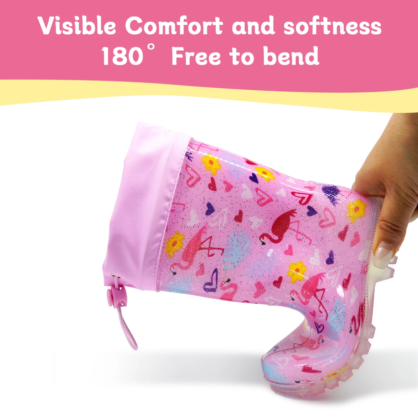 Kids’ Outdoor Pink Flamingos Glitter Rain Boots with Drawstring Closure - Waterproof Anti-slip Water Shoes - Wear-Resistant