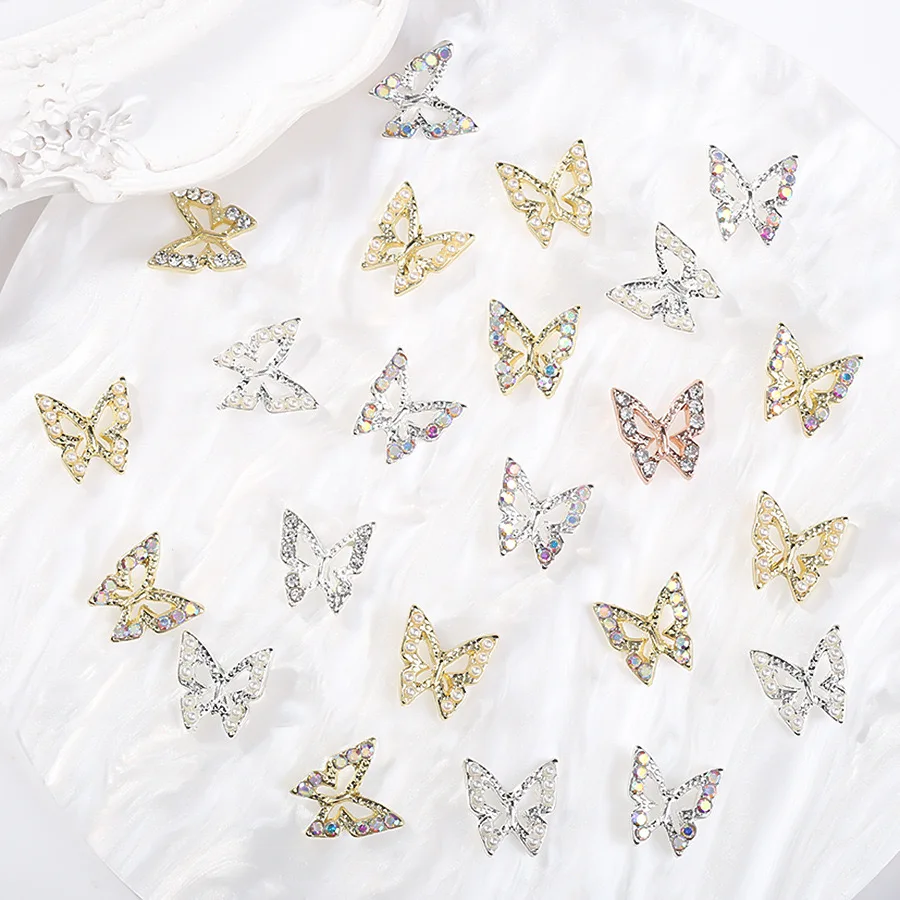 10pcs/bag Metal Butterfly Shape Nail Charms Gold Silver Shiny Diamond Rhinestone Nail Enhancement Jewelry Manicure Art Design