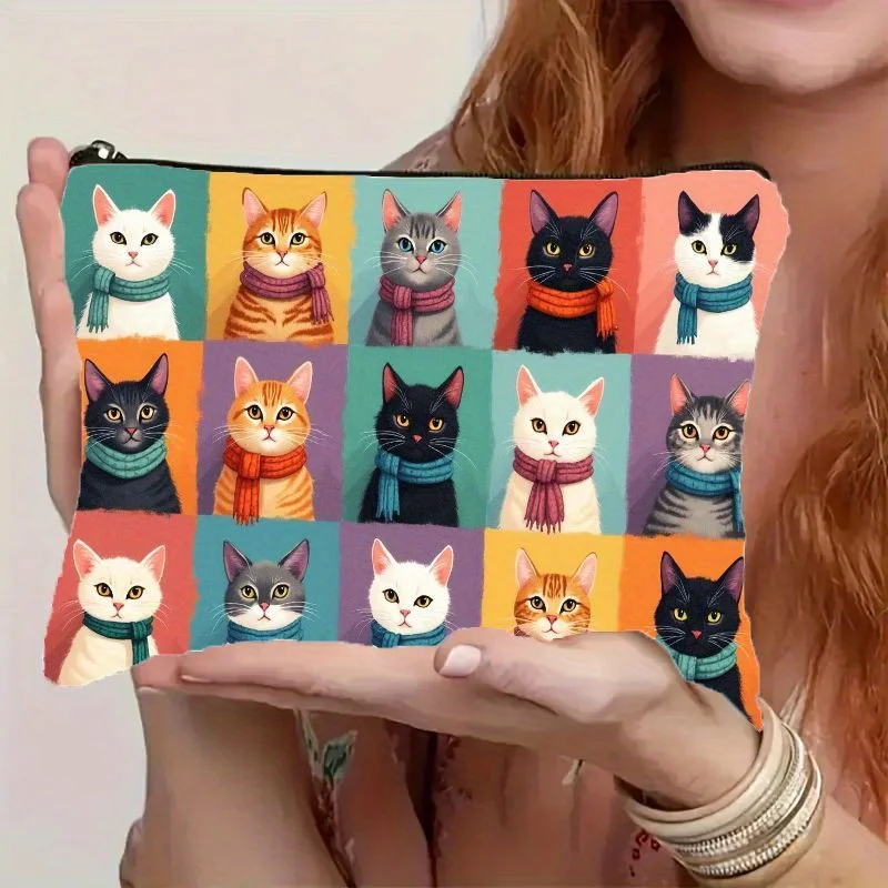 Cute Cat Print Makeup Bag, Zipper Closure Foldable Cosmetic Organizer, Travel Toiletry Pouch, Women & Men Gift for Cat Lovers