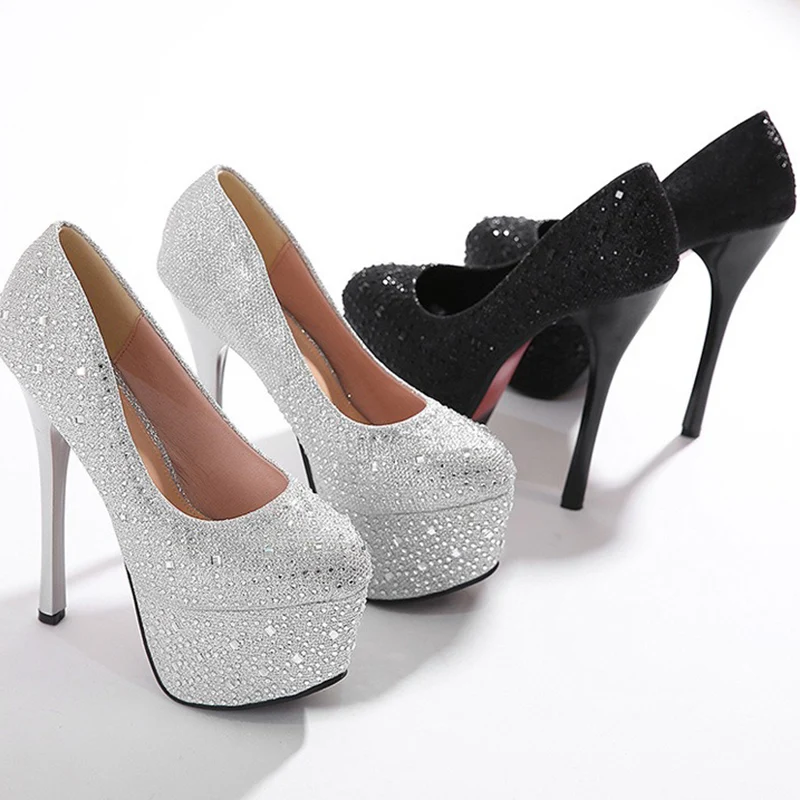 2024 Summer Women Fetish 15cm Stiletto High Heels 6cm Platform Pumps Diamond Red Bottom Party Prom Wedding Bridal silver Shoes