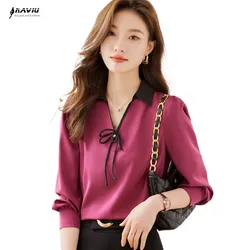 NAVIU 2023 Autumn New Rose Red Shirt Women High End Fashion V Neck Temperament Casual Formal Blouses Office Lady Work Tops White