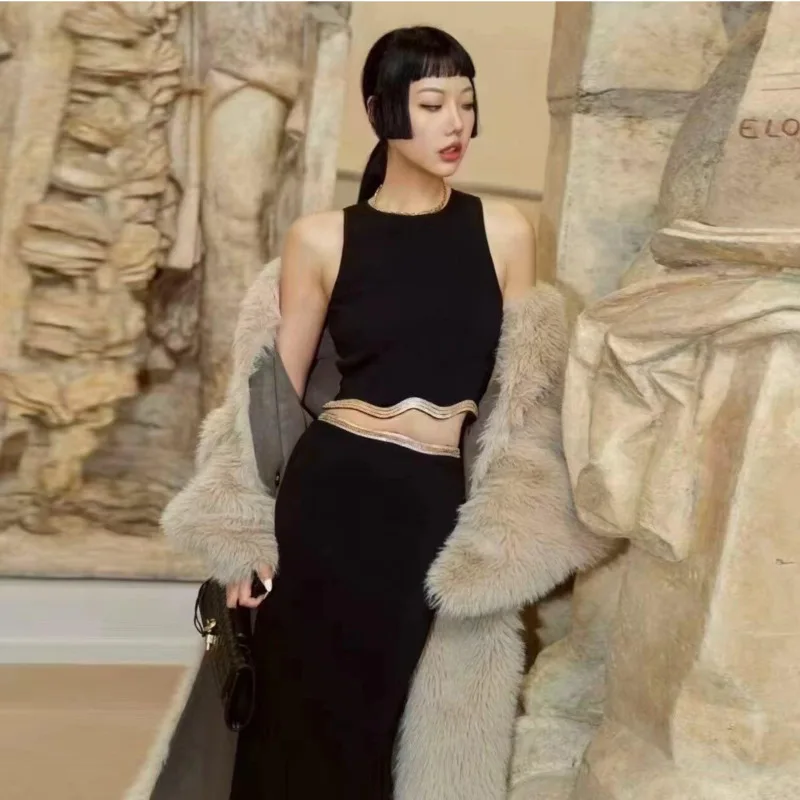 CHUJIE Women's Dress Set 2025 Spring/Summer New Wave Pattern Hot Diamond Black Round Neck Slim Look Sleeveless Top Skirt Set