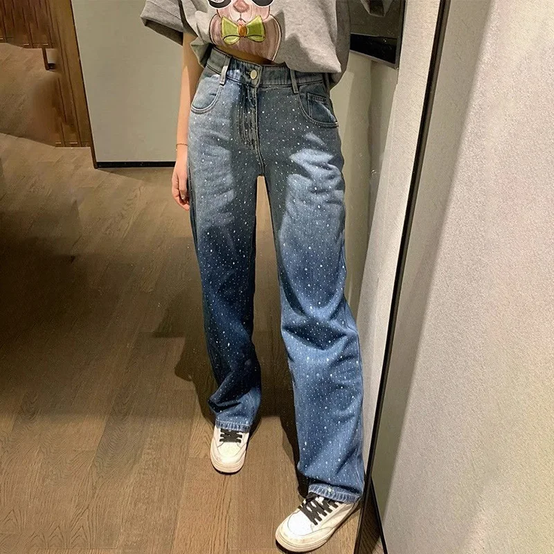 Jeans larghi con diamanti ricamati alla moda donna stile coreano a vita alta pantaloni Streetwear a gamba larga pantaloni Casual in Denim da donna