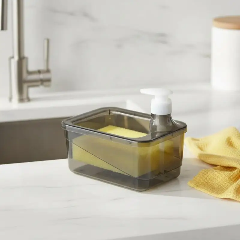 2 In 1 Dish Washing Soap Dispenser With Sponge Holder Square Black Quick Press Pump for Home Kitchen Cleaning Tools