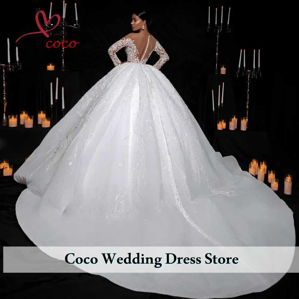 تخصيص رائعة متلألئة اللؤلؤ يزين فستان زفاف الأميرة متواضع س الرقبة طويلة الأكمام فستان زفاف Vestido De Novia