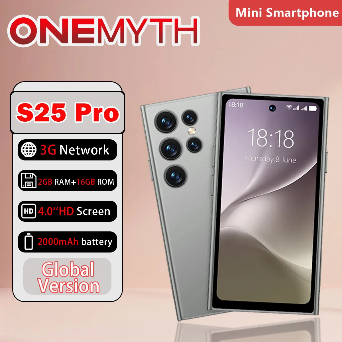 ONEMYTH S25Pro 3G Network Mini Smartphone 4.0-inch HD Full Screen 2000mAh Battery 2GB+16GB Rear HD 5MP Android 10.0 Play Store