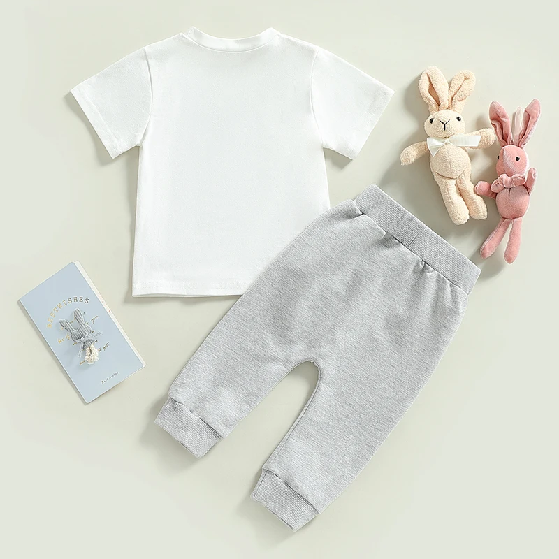 

Комплект одежды для маленьких мальчиков и девочек, футболка с короткими рукавами и круглым вырезом с принтом, эластичный пояс, брюки для бега, стильный ансамбль для малышей