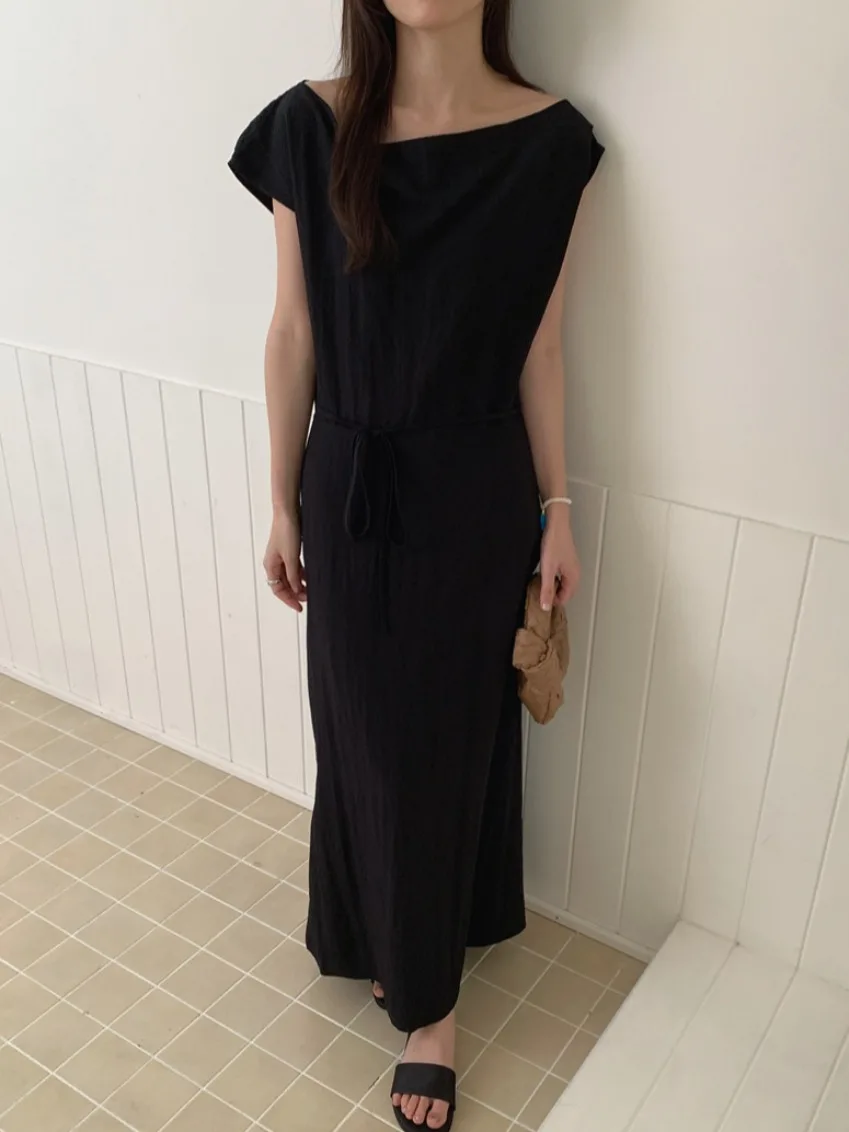 Ele Sexy Odkryte Ramiona Wyszczuplająca Talia Długa Sukienka Damska Letnia Ekskluzywna Dr Poliester Włókno Krótki Rękaw Dr