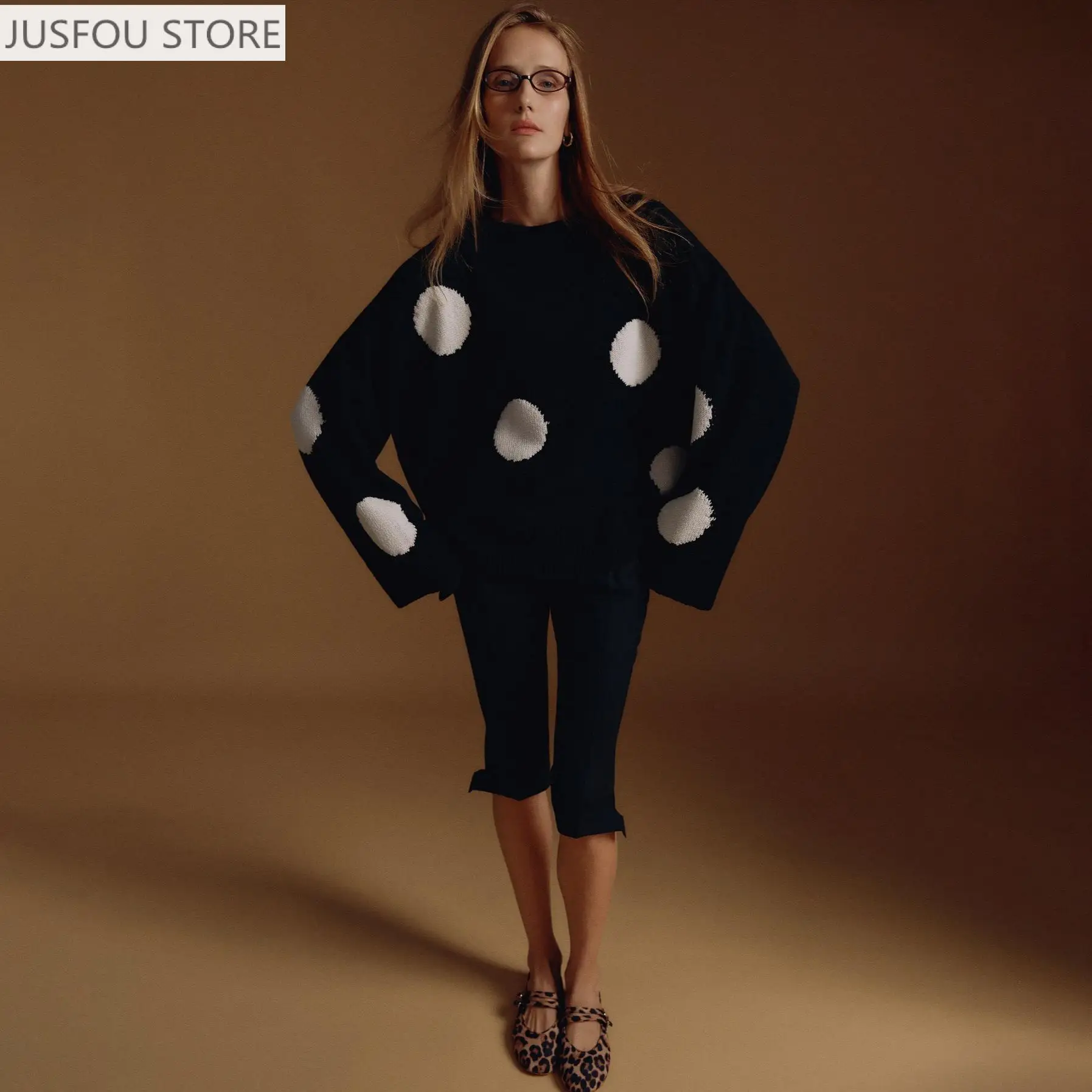 Herbst Rundhals Polka Dot Modische Rundhals Pullover Pullover Frauen Lose und Chic Pullover Gestrickte Bodenbildung Shirt Top