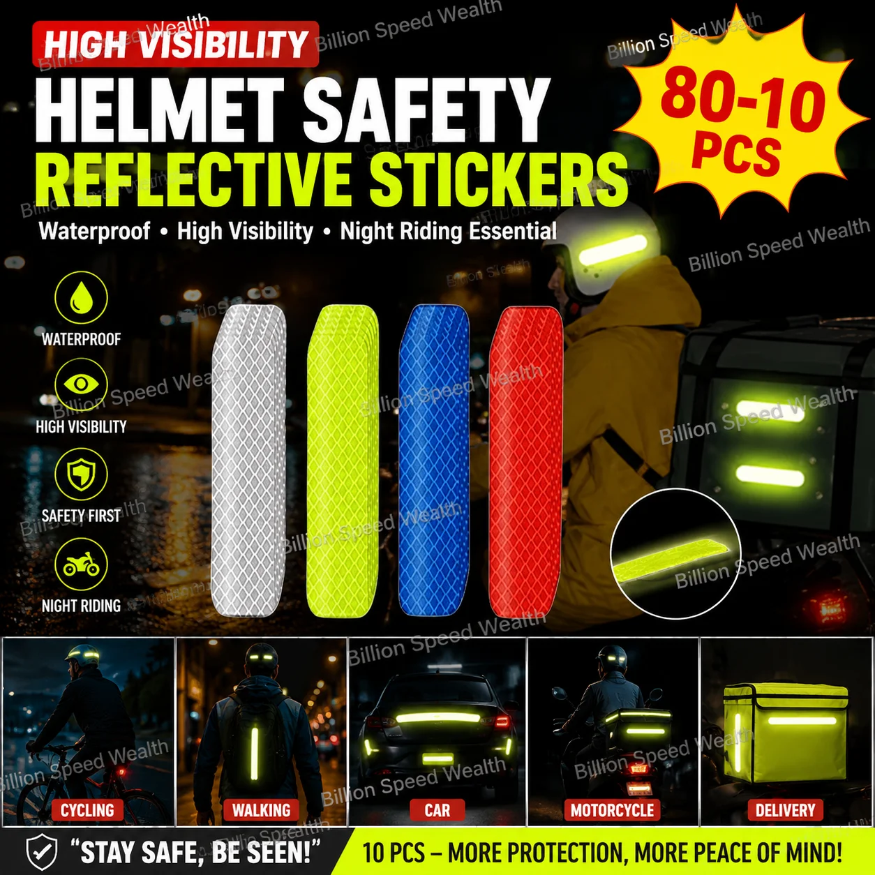80-10PCS Helmet Safety Warning Reflective Stickers Strip Waterproof High Visibility Reflector Tape For Night Riding Walking Car