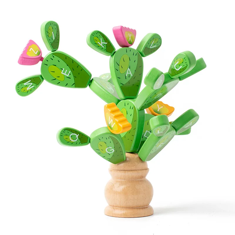 Montessori Cactus Letter Blocks para crianças, jogo sensorial, treinamento motor fino, bloco de construção de madeira, brinquedos educativos