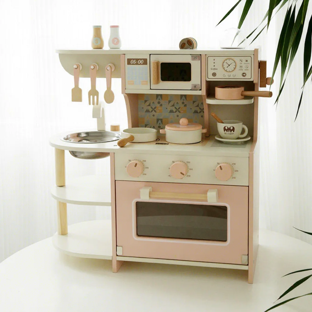 Kindergarten Children's Wooden Kitchen Toys Set Cooking Games Toy For Boys Girls' Birthday Gift With Stove And Coffee Machine