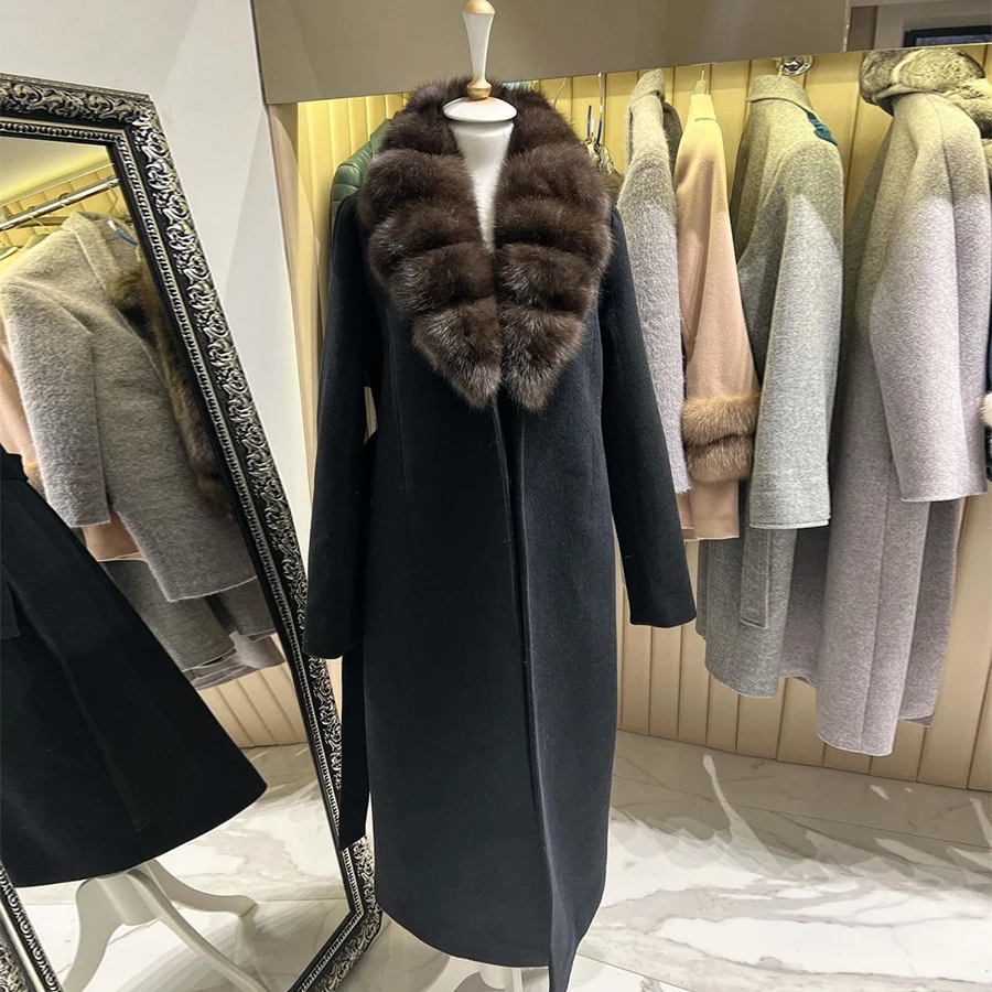 Wool Cashmere Coat Women Real Fox Fur Collar Luxury Designer Coat Natural Fur Women's Long Coat