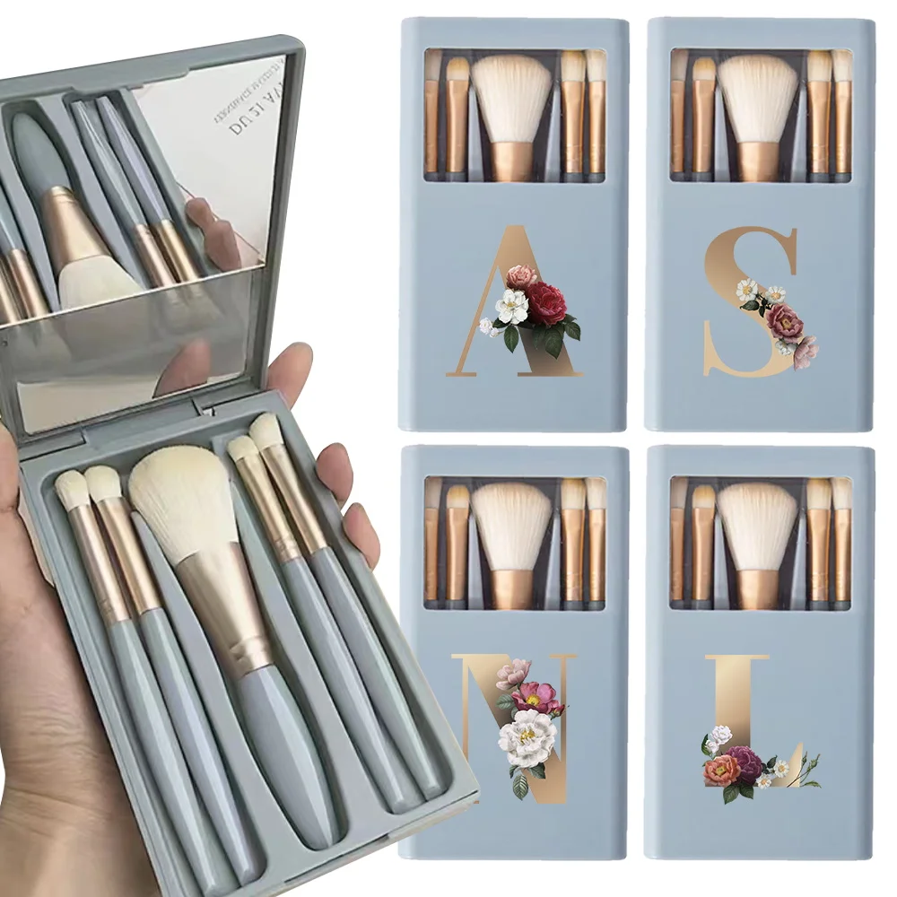 5Pcs Makeup Brushes Set With Mirror Box Cosmetic Brush Case Travel Kit Organizer Portable Beauty Tools Bag Gold Letter Pattern