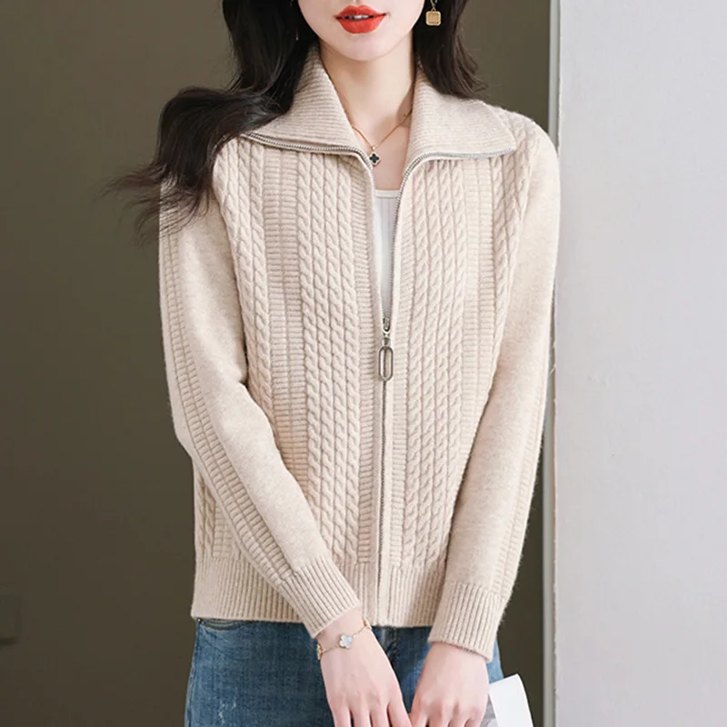 Knitwear Spring Autumn 2024 New Sweater Cardigan Women Loose Lapel Long Sleeve All-Match Sweater Women Zipper Coat Ladies