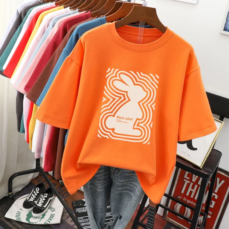 EBAIHUI Oversized T Shirts 100% Cotton Plus Size T Shirt Summer Top Tees Rabbit Printed O Neck L-6XL Short Sleeve Tshirt Women