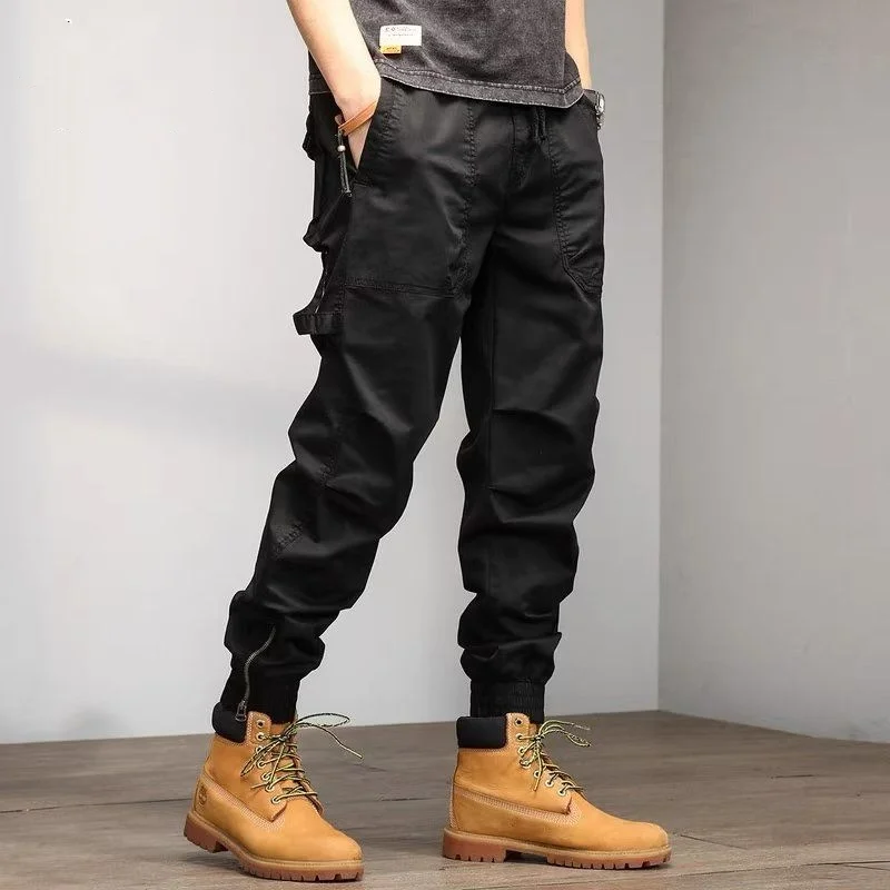 Classic Cotton Solid Color Pocket Cargo Pants Men's Fashion Brand Waist Drawstring Street Casual Male Slim Trousers Versatile