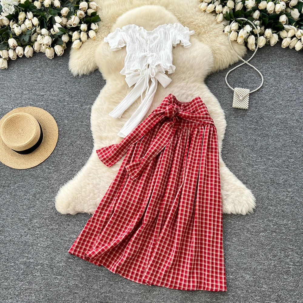 

Chic vintage Plaid butterfly Elegant Fairy korean fashion A-line dress women clothing Two Piece Set