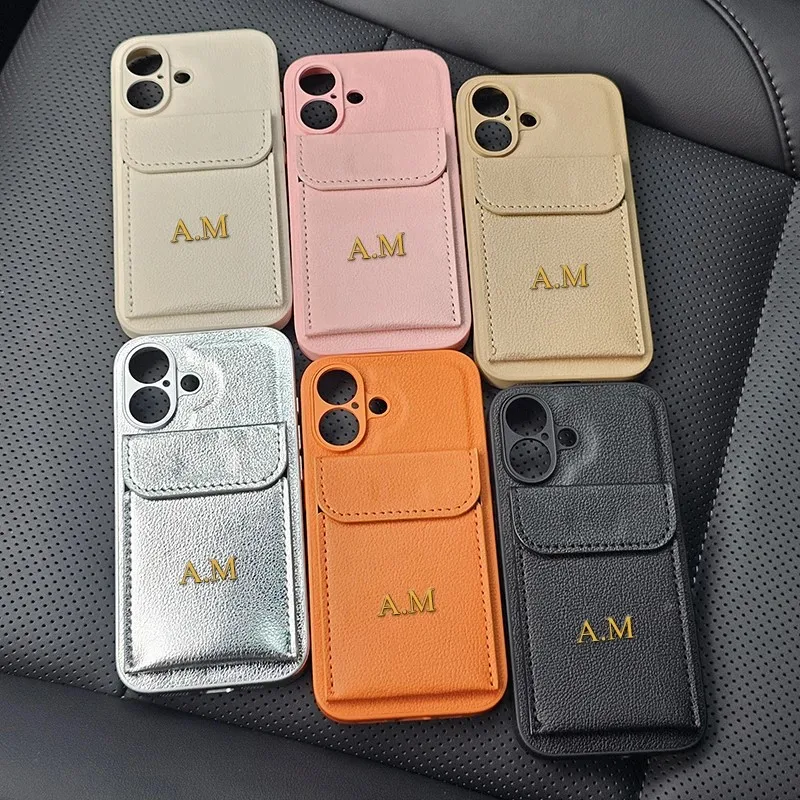 Benutzerdefinierte Initialen Name Brief Karte Tasche Ledertasche für iPhone 16 15 14 13 12 11 Pro Max Plus Kartensteckplatz Halter stoßfeste Abdeckung
