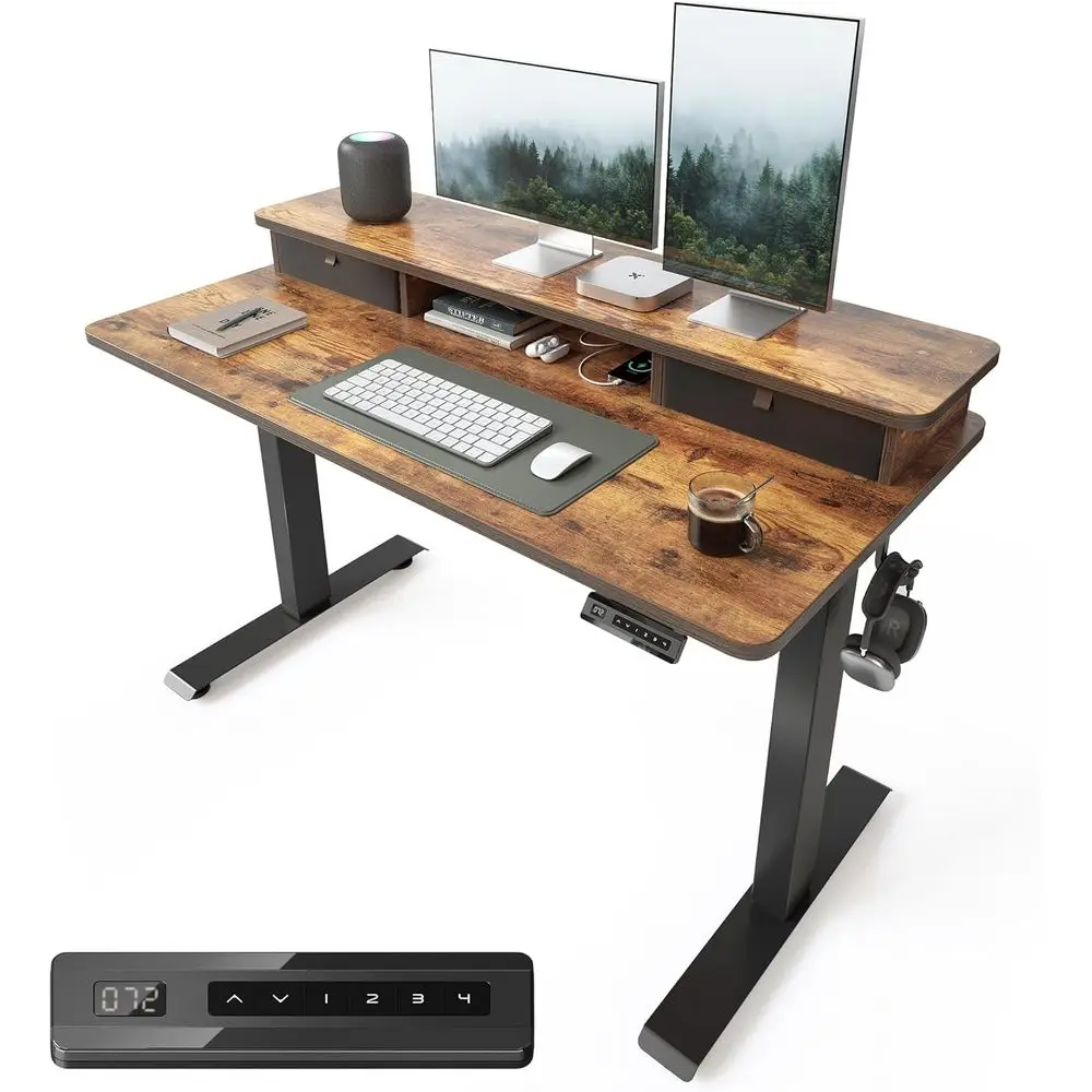 

24x48 Inch Electric Height-Adjustable Standing Desk with Double Drawers, Storage Shelf, Rustic Brown
