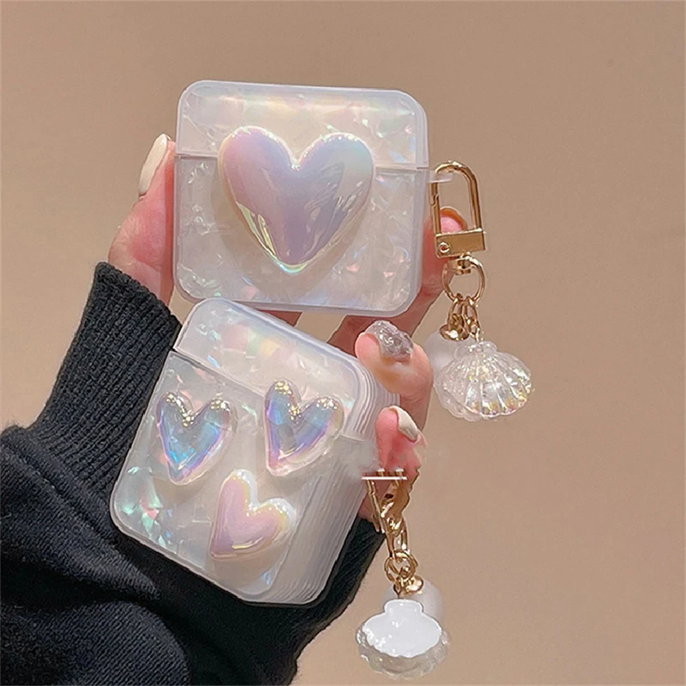 

Cute Love Heart Shell Pattern Headphones Case For AirPods 1 2 3 With Bead Pendant Protective Shell Soft Cover For AirPods Pro 2