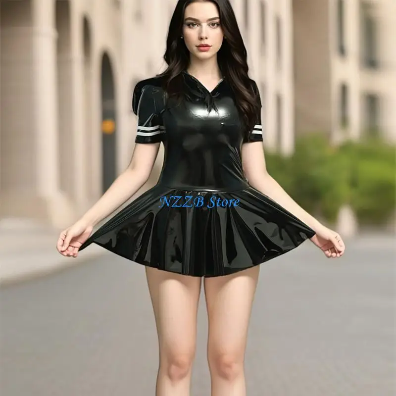 T21F Women Faux Leather Bodycon Mini Dress Latex Short Sleeve Pleated A Line Dress Clubwears for Cosplay