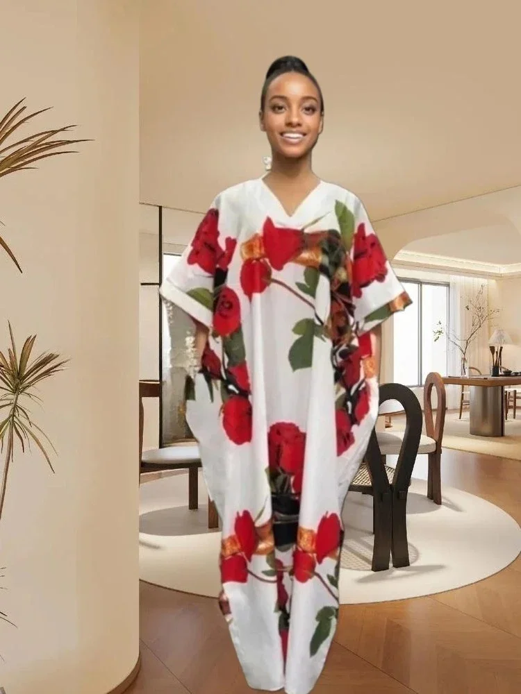 Customized Loose Maxi Skirt for Women, V-Neck, African Floral Print, Polyester Pocket, Pocket, Fashionable and Elegant, Summer