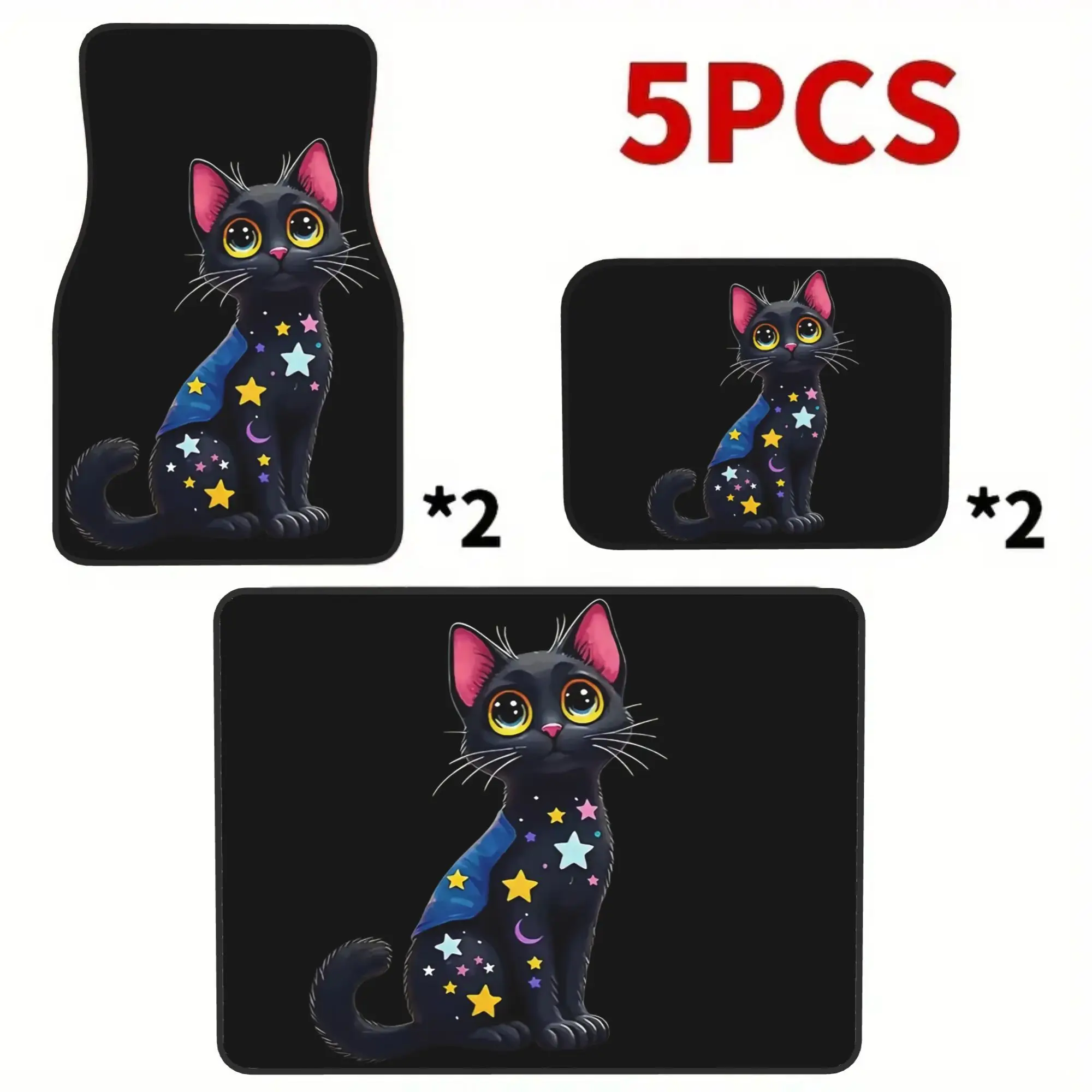 2D Flat Printing 5pcs Starry Magic Black Cat Printed Car Mats Set (4 Floor Mats + 1 Trunk Mat), Made Of Durable Polyester Fabric