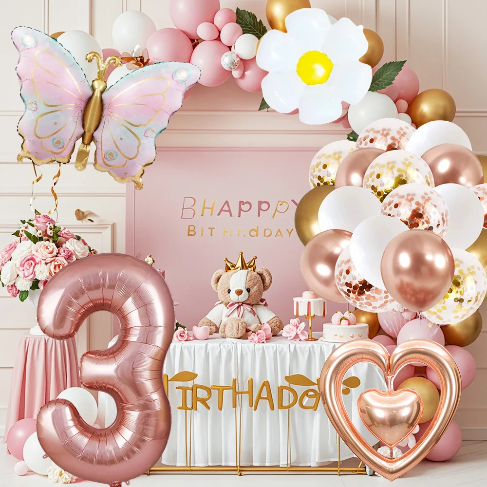 

Rose Gold Series Number Foil Helium Balloon Heart Flowers Butterflies Latex Balloon for Birthday Party Anniversary Decorations