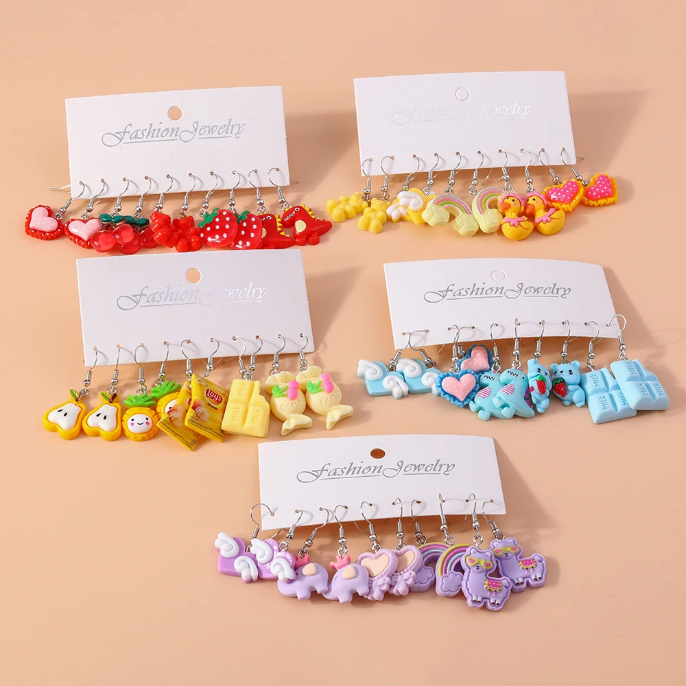 Aihua 10pcs Cute Cartoon Animal Fruit Earring Set Colorful Dopamine Acrylic Earrings for Women Kids New Trendy Jewelry Gifts