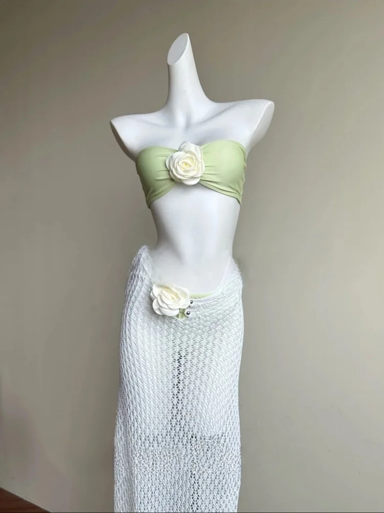 

Mint Island Vaion Floral Knitted White Bikini Tee-piece Swimsuit Aosphere Feeling Summer Beachwear Sport Fitn Fan Gear