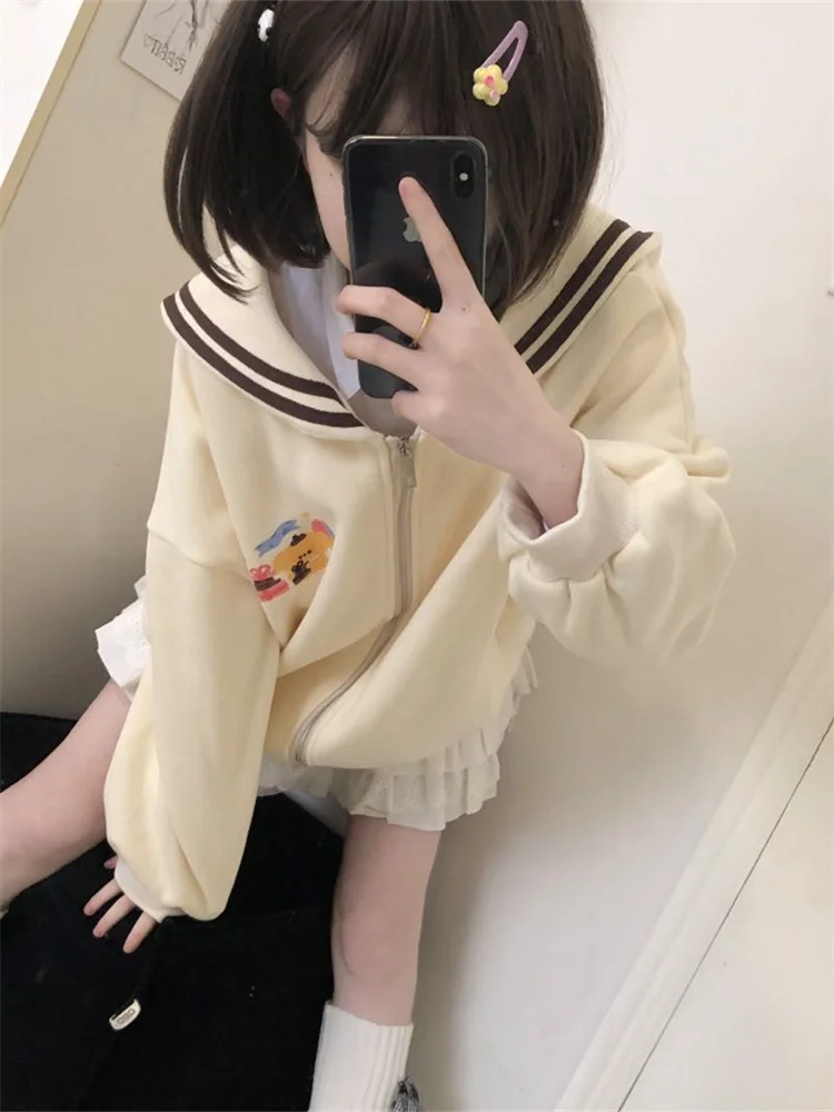 QWEEK Harajuku Kawaii Zip Up Hoodie Women Sailor Collar Japanese Style Cute Sweatshirts Oversize Lolita Girly Anime Print Jacket