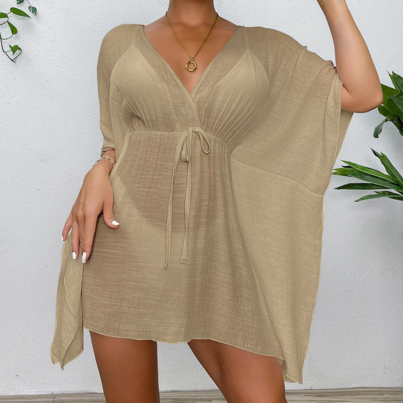 2024 Summer Women Swimsuit Cover Up Drawstring Kaftan V Neck Loose Wrap Dress Robe Solid See Through Beachwear Dresses