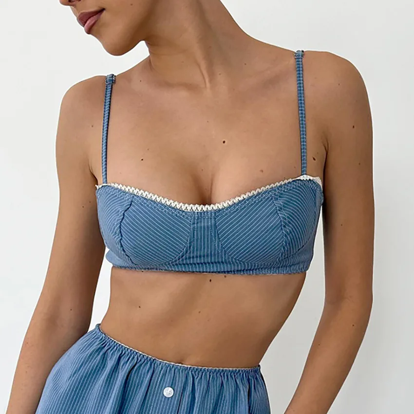 European and American Style Ladies Summer New Suspender Top Striped Shorts Pajamas Home Clothes Two-piece Set