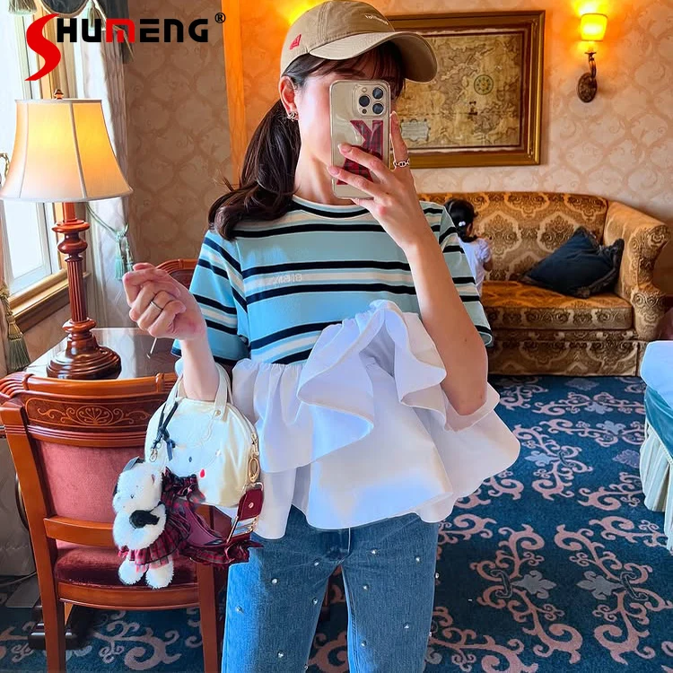 

2025 Japanese New Summer Contrasting Color Striped Ruffle Edge T-Shirts Female Casual Round Neck Short-sleeved T-shirt Tops